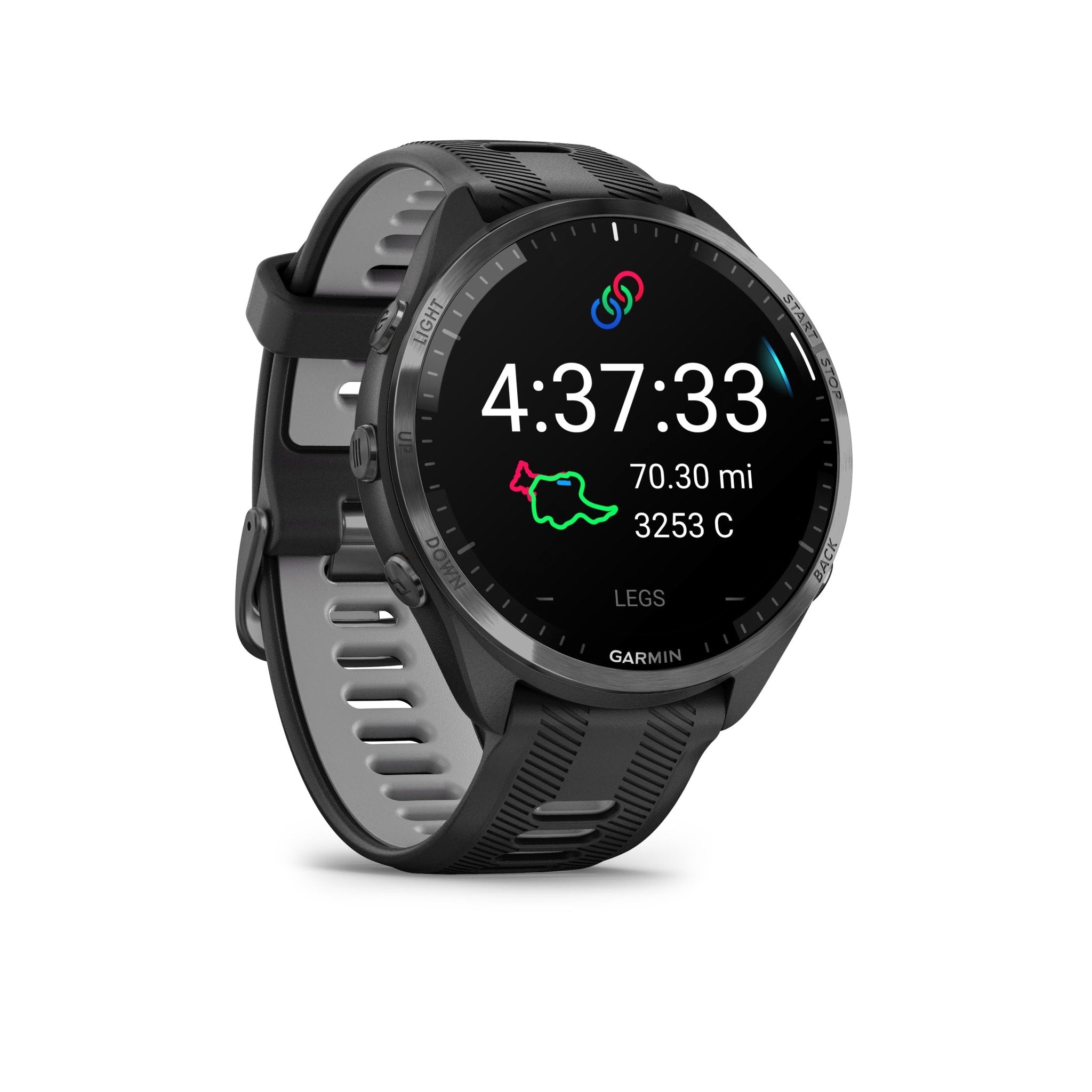 GARMIN - FORERUNNER 965, CARBON GRAY DLC TITANIUM BEZEL WITH BLACK CASE AND BLACK/POWDER GRAY SILICONE BAND