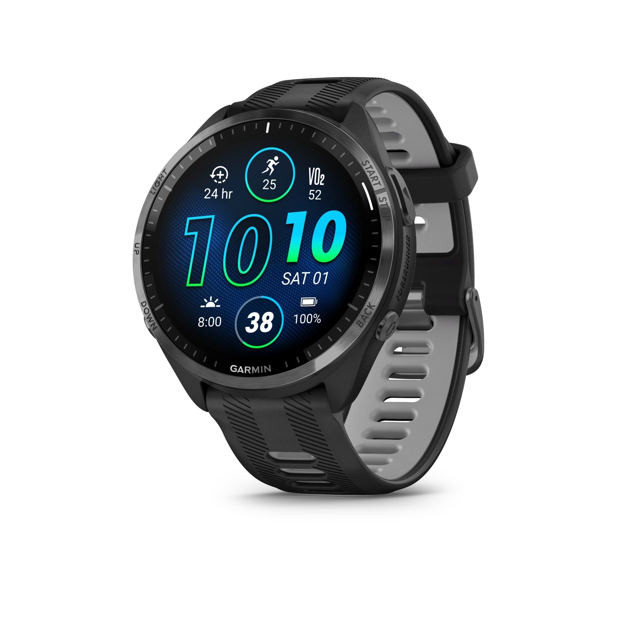 GARMIN - FORERUNNER 965, CARBON GRAY DLC TITANIUM BEZEL WITH BLACK CASE AND BLACK/POWDER GRAY SILICONE BAND