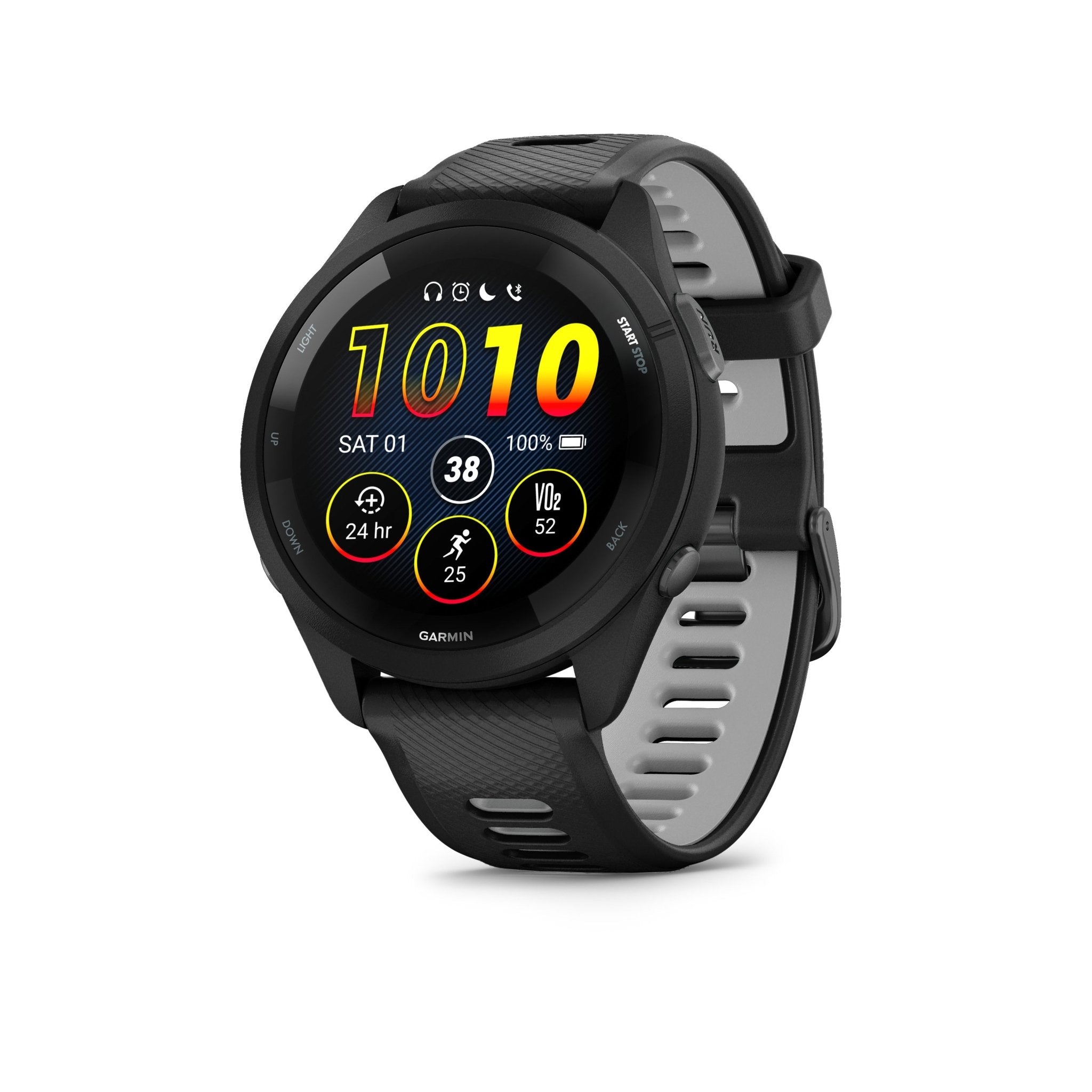 GARMIN - FORERUNNER 265, BLACK BEZEL AND CASE WITH BLACK/POWDER GRAY SILICONE BAND