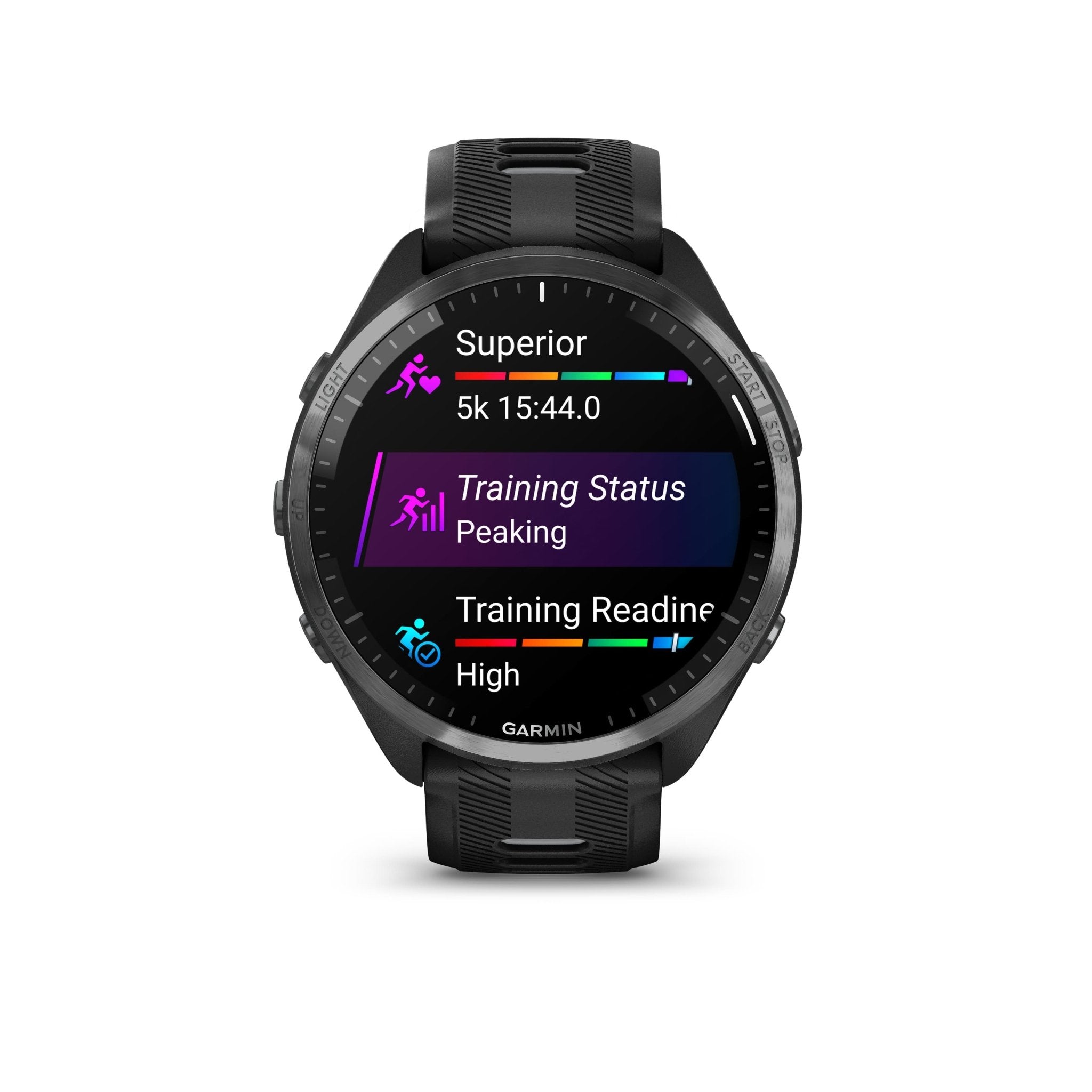GARMIN - FORERUNNER 965, CARBON GRAY DLC TITANIUM BEZEL WITH BLACK CASE AND BLACK/POWDER GRAY SILICONE BAND
